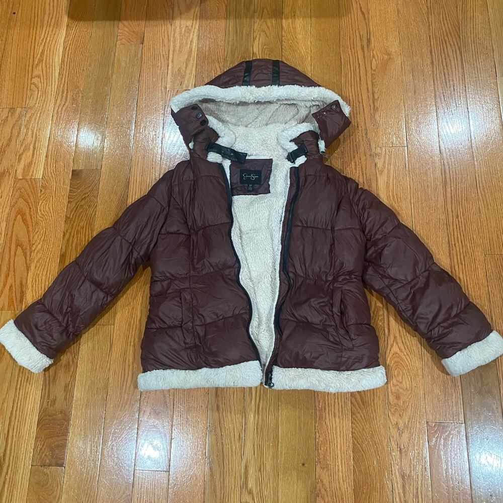 Jessica Simpson Women's Brown Hooded Faux Fur Puffer Coat Jacket Size S/P